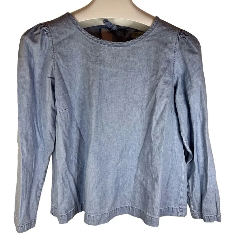 Madewell Denim‎ Puff-Sleeve Swing Womens Shirt Tie Back Size Medium Blue